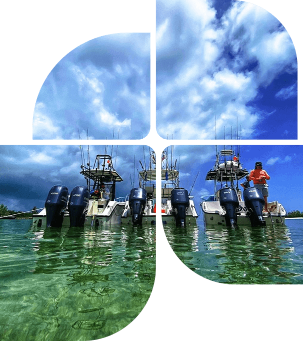 A collage of four different pictures with boats in the water.