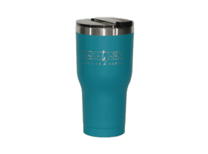 A Stainless Steel Tumbler with Logo Teal and a black lid.