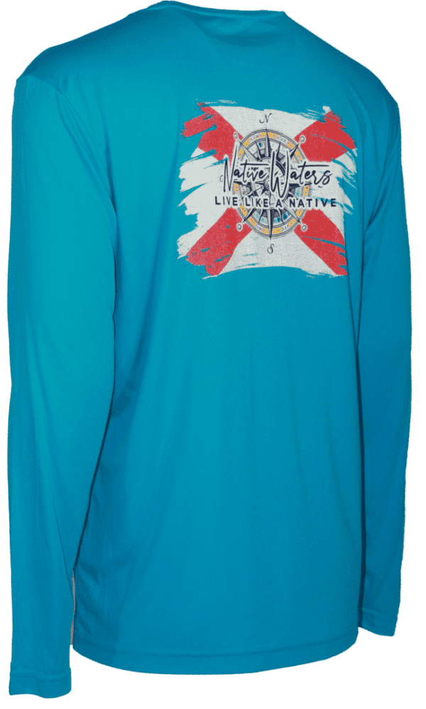The men's Florida Flag With Compass Long Sleeve Performance - Blue t - shirt.