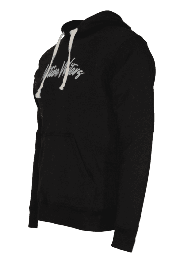 A black hoodie with a white logo on it.