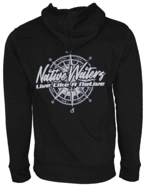 A black zip hoodie with a compass on it.