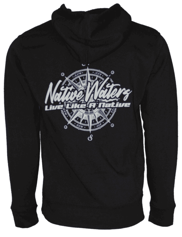 A black zip hoodie with a compass on it.