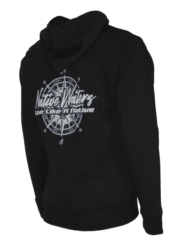 A black hoodie with a compass on it.