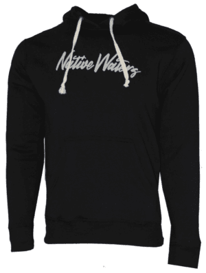 A black hoodie with the word'native waters'on it.