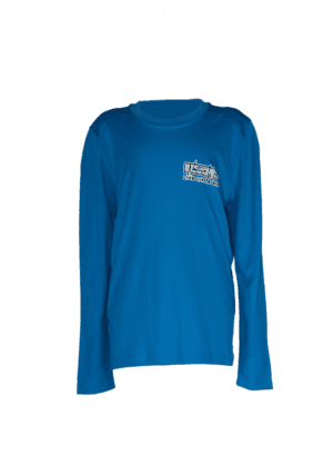 A blue long - sleeved shirt with a logo on it.