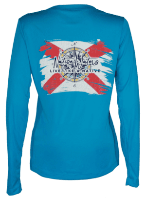 The women's Florida Flag with Compass, Women’s Performance V-Neck – Atomic Blue long sleeve t - shirt.
