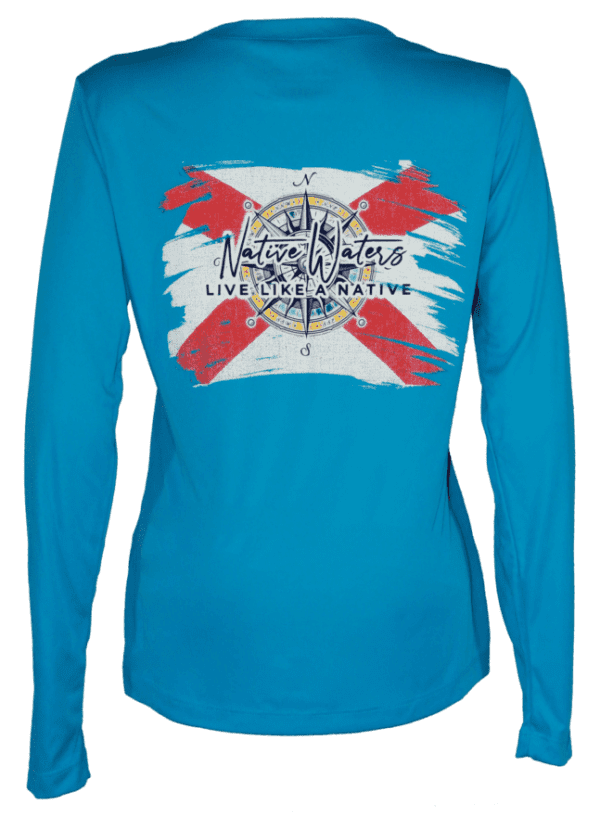 The women's Florida Flag with Compass, Women’s Performance V-Neck – Atomic Blue long sleeve t - shirt.