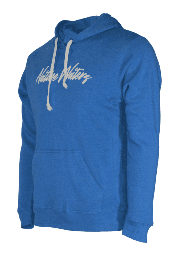 A blue hoodie with a white logo on it.