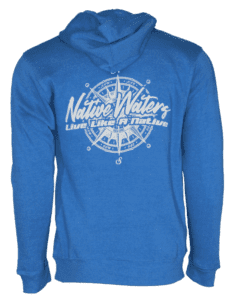 A blue hoodie with a white compass on it.