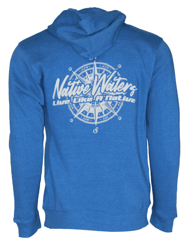 A blue hoodie with a white compass on it.