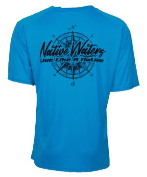 An Original Compass Short Sleeve Performance - Blue t-shirt with the words native waters.