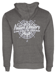 A gray hoodie with a white compass on it.