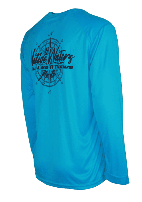 A blue long - sleeve t - shirt with an image of a compass on it.