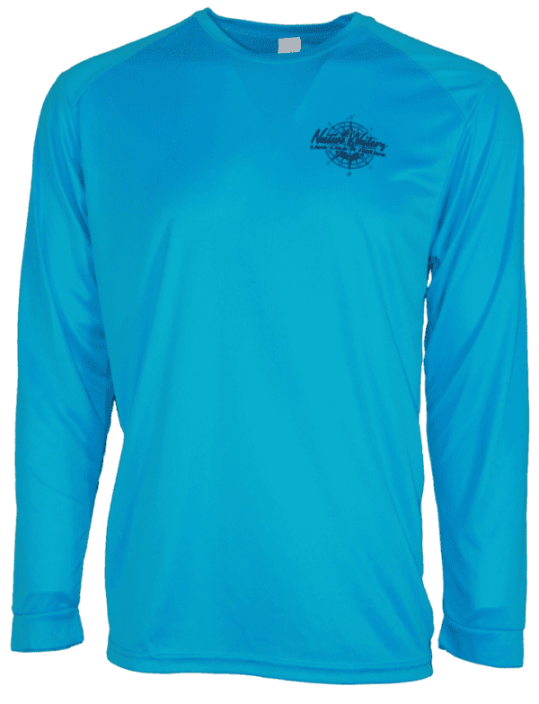 The men's blue long sleeve t - shirt.