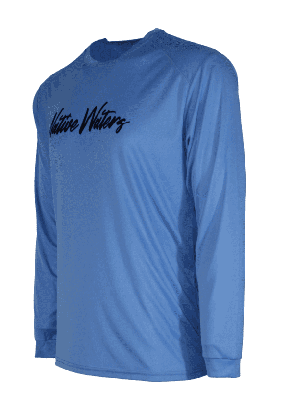 A blue long - sleeve shirt with the words'native warriors'on it.