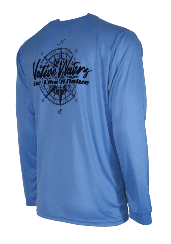 A blue long - sleeve shirt with a compass on it.
