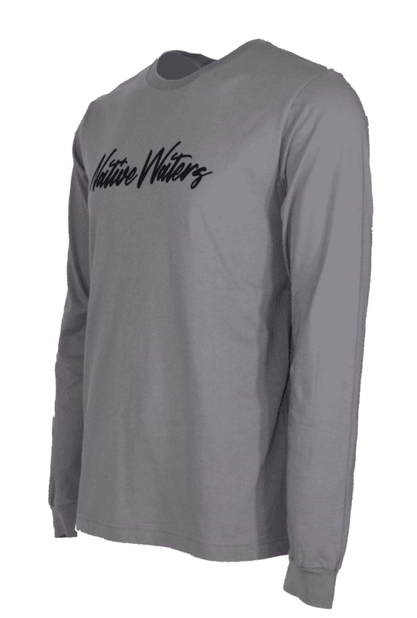 A gray long - sleeve t - shirt with the word'warriors'on it.