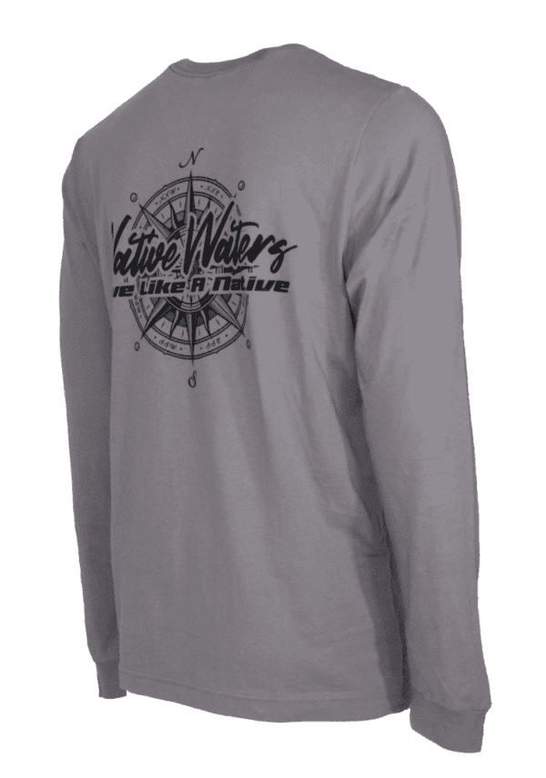 A gray long - sleeve t - shirt with a compass on it.