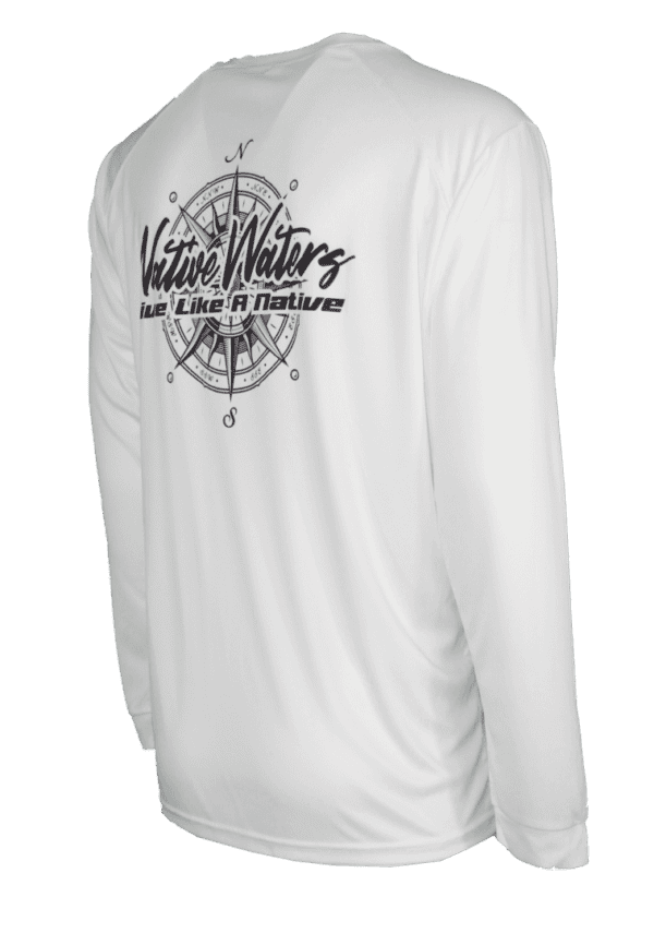 A white long - sleeve t - shirt with a compass on it.