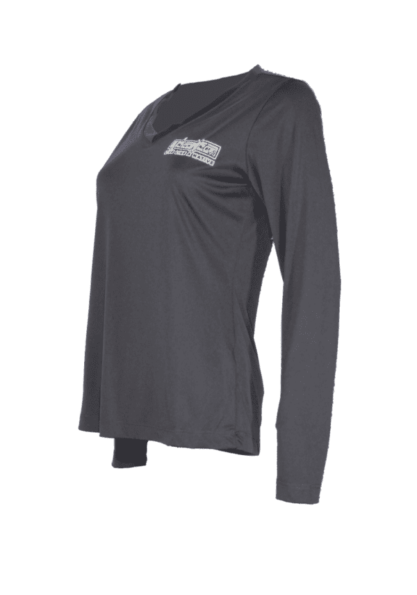 A women's long - sleeved shirt with a logo on the front.