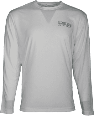 A white long-sleeved Florida Flag With Compass Long Sleeve Performance shirt with a black logo.
