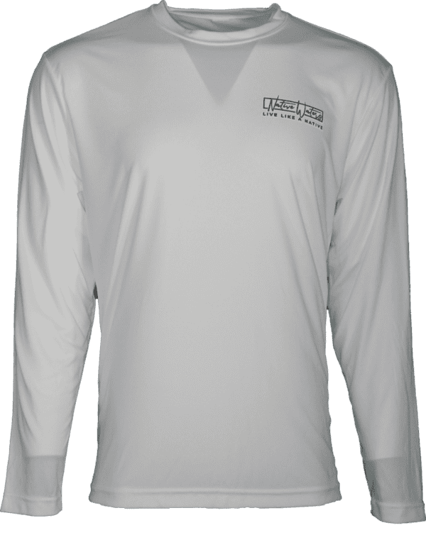 A white long-sleeved Florida Flag With Compass Long Sleeve Performance shirt with a black logo.