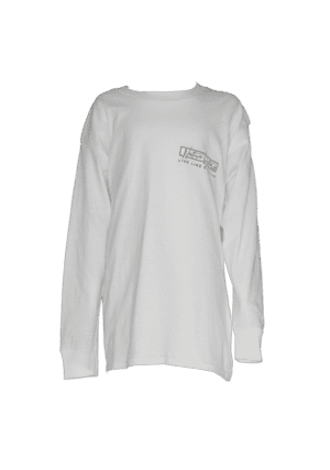 A white long - sleeved t - shirt with a logo on it.