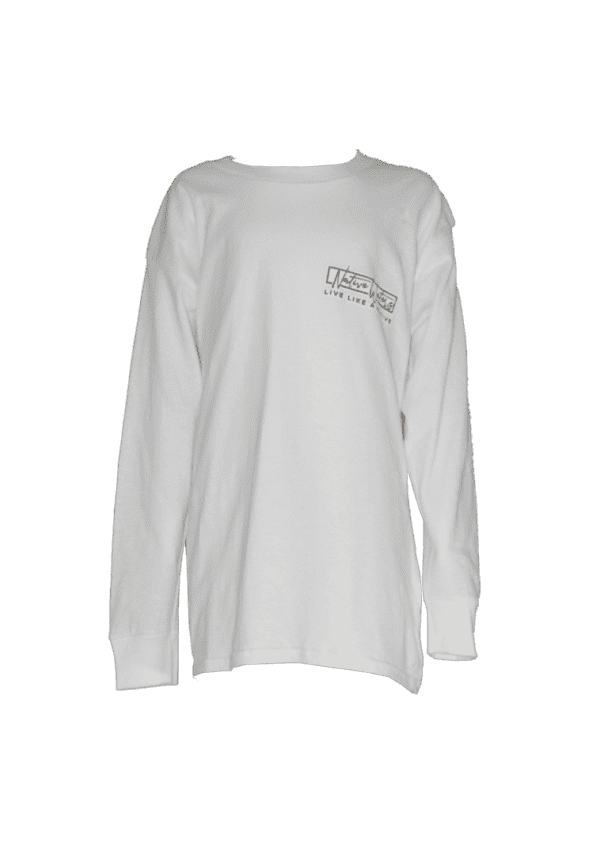 A white long - sleeved t - shirt with a logo on it.