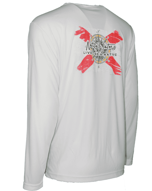 A white long-sleeved shirt with a Florida Flag With Compass logo on it.