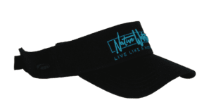 A black visor with a blue logo on it.