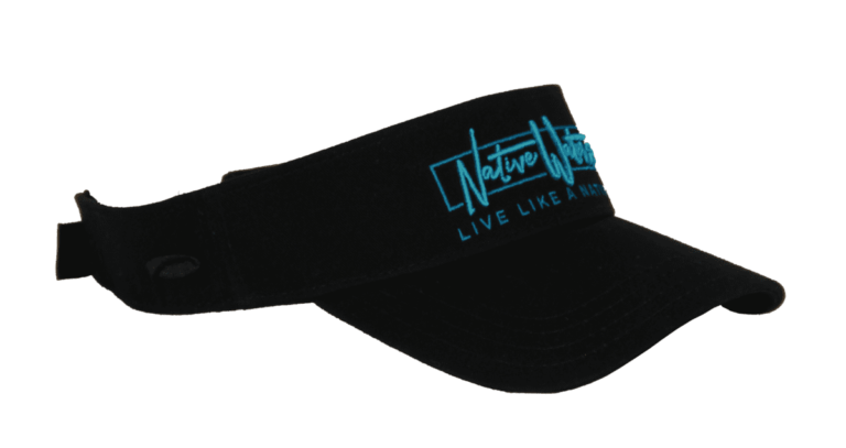A black visor with a blue logo on it.