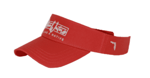 A red visor with a white logo on it.