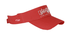 A red visor with a white logo on it.