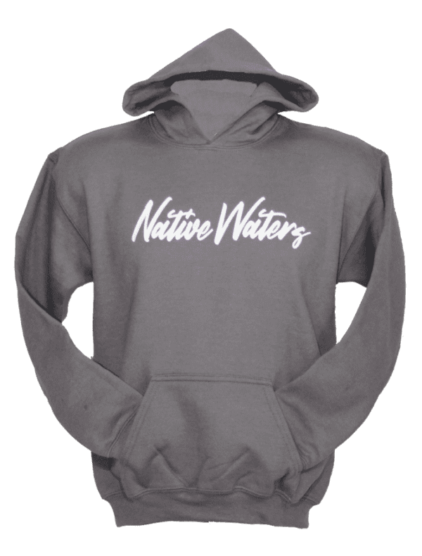 An Original Compass, Kids Hoodie - Grey with the word native waters on it.