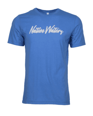 A blue t - shirt with the word native writers on it.