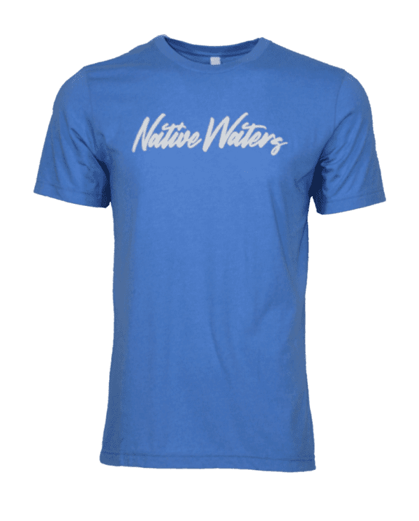 A blue t - shirt with the word native writers on it.