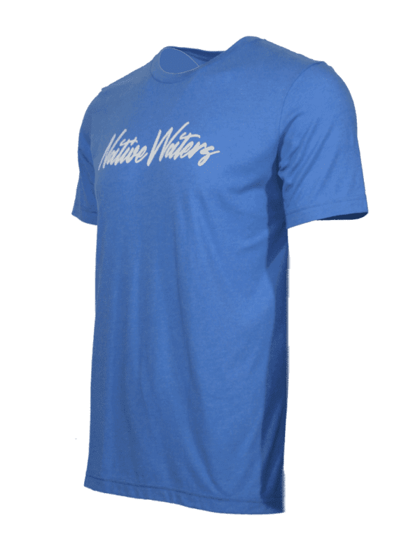 A blue t - shirt with a white logo on it.