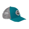 A teal trucker hat with a white patch on it.