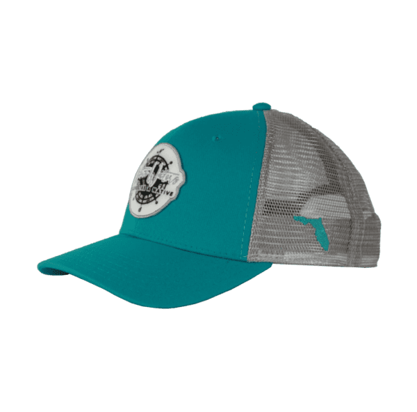 A teal and gray trucker hat with a logo on the front.