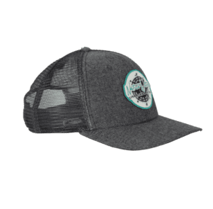 A grey trucker hat with a patch on the front.