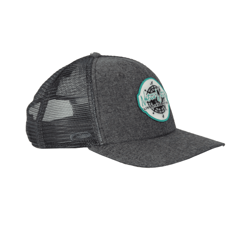 A grey trucker hat with a patch on the front.